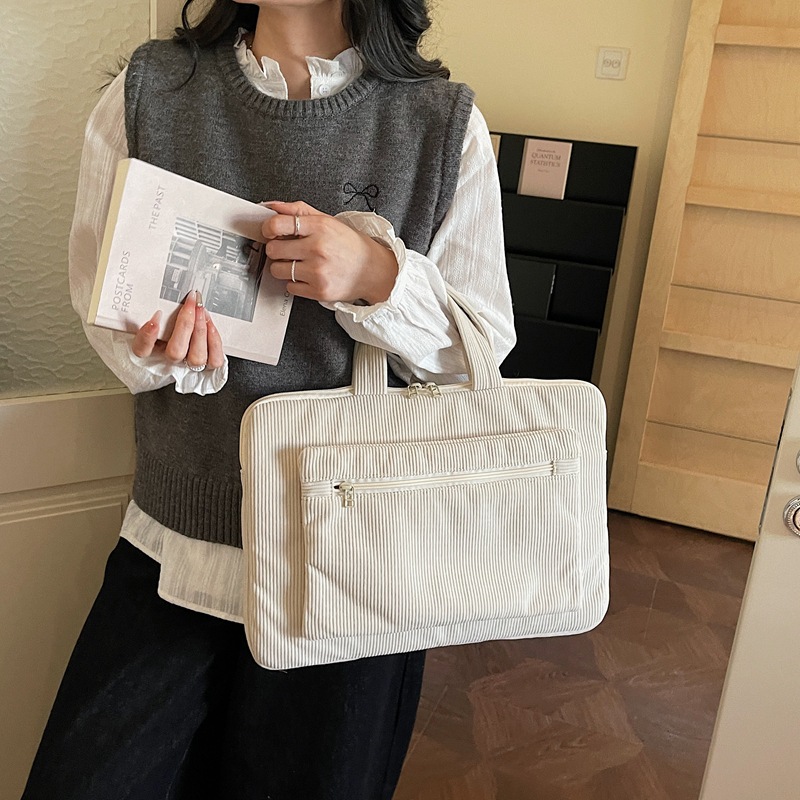 ng2510227 Bolsa feminina de veludo cotelê de 14 polegadas, modelo maleta simples e elegante para uso diário, ideal para notebooks e laptops._voghion.com