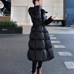 2025过膝中长款羽绒服女加厚冬季新款收腰修身显瘦连帽外套白鸭绒