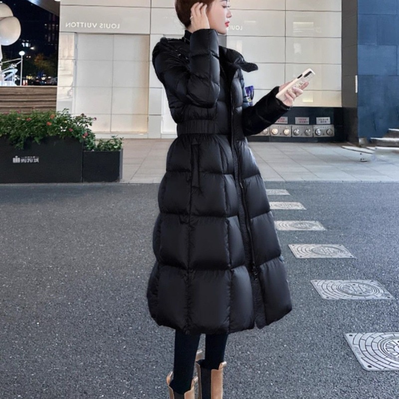 2025过膝中长款羽绒服女加厚冬季新款收腰修身显瘦连帽外套白鸭绒|undefined