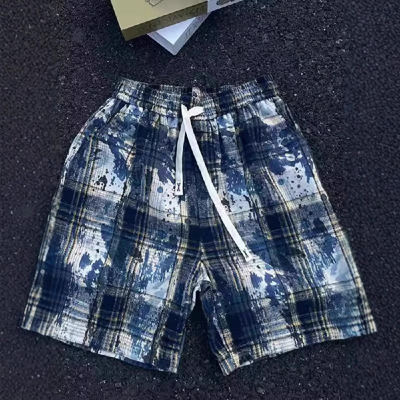 Karierte Herren-Shorts im Batik-Look – Vintage Americana Style (Blau/Grün, Polyester, atmungsaktiv, 12,7 cm Innenbeinlänge, M-3XL, Streetwear, Strandtauglich)_voghion.com