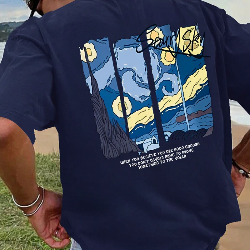 Men's Summer 100 Cotton Fashion Casual Loose Sports Oil Painting Pattern Printed Round Neck Short-Sleeved T-Shirt Top Cartoon