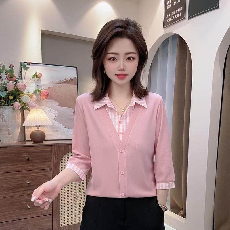 2025翻领减龄百搭春夏新款女装衬衫显瘦拼接格子领假两件女士上衣|undefined