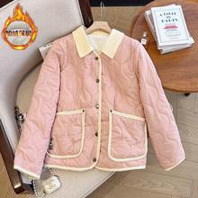 韩系剌绣小熊菱格加绒棉服外套女冬冬季新款拼接小个子短款棉衣