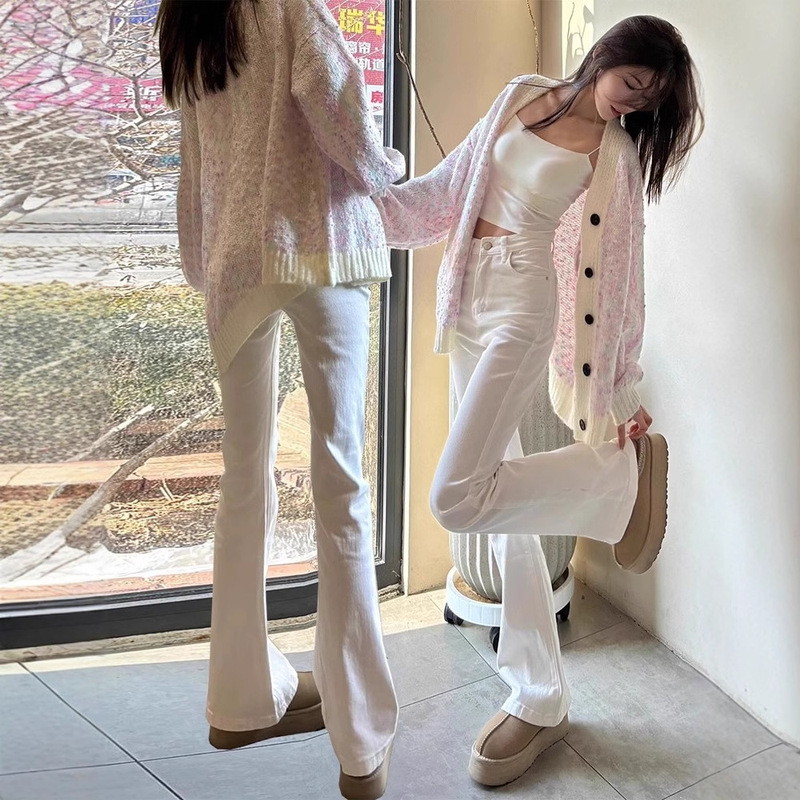 American-style White Micro-flare Jeans Women's Spring and Autumn New High Waist Slim-fit Slim-fit All-match Dipped Longer Mop Pants