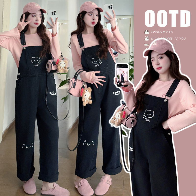 Maternity's Spring New Loose Outer Wear Printed Casual Cute Denim Overalls High-end Fashionable Mom's suit