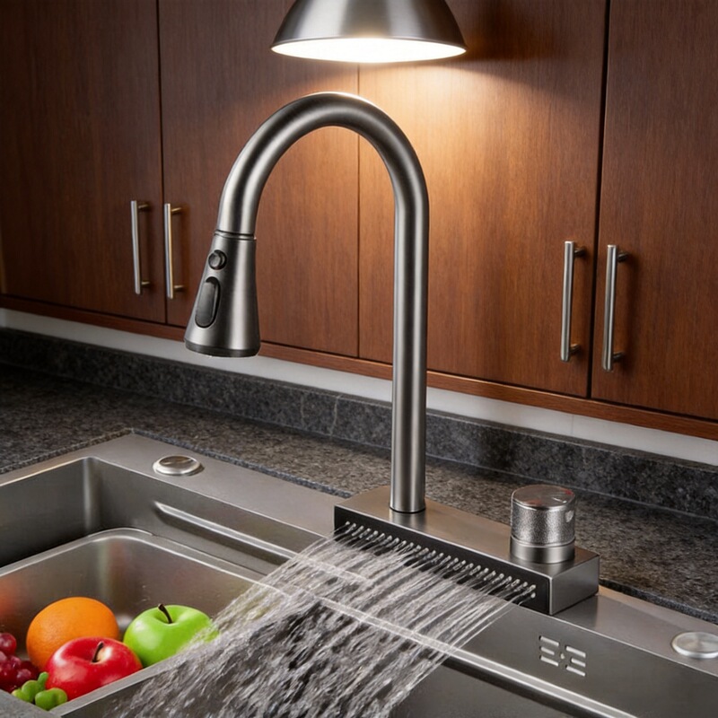 Pull-Out Hot and Cold Dual-Use Kitchen Faucet with Waterfall Outlet for Sink, Stainless Steel Faucet, Cross-Border In-Stock
