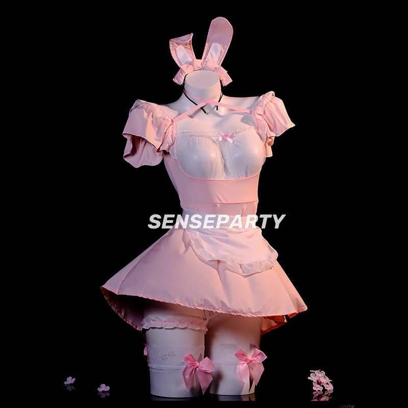 Churui Sexy Lingerie Lace Ruffle See-Through Strap Bunny Girl Uniform Set Maid 6689_voghion.com