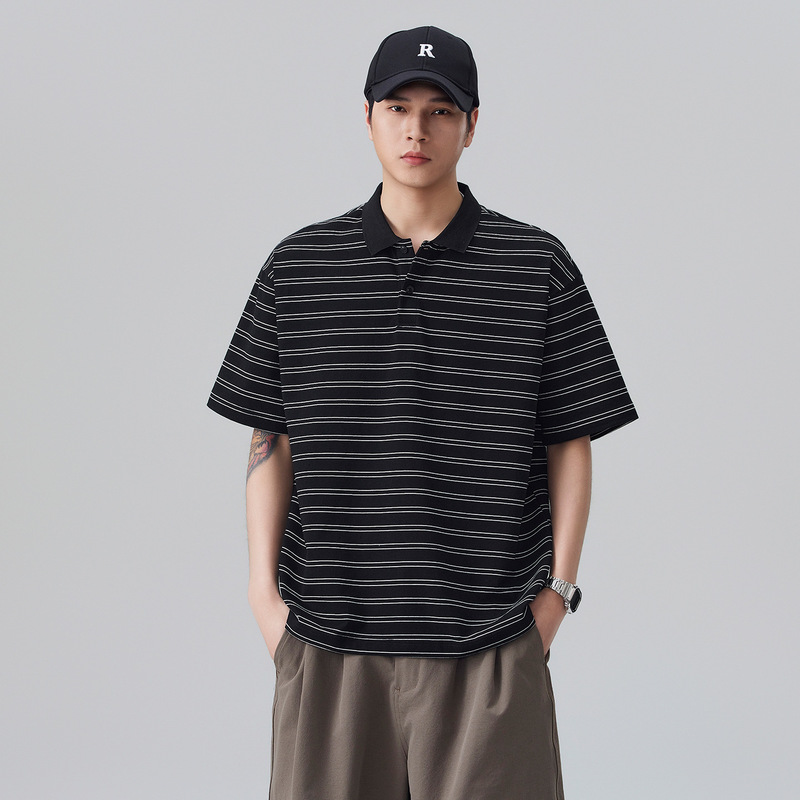 Anyang Striped Polo Shirt for Men 2026 Summer Loose Japanese Style Turn-Down Collar Short-Sleeve Trendy Brand Black and White Half-Sleeve Clothing Cross-Border