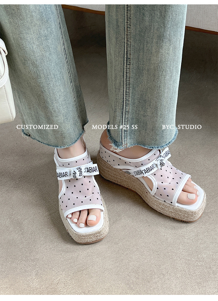 Sandal hở mũi nữ đế xuồng lưới chấm bi gót độn cao 2025 — Chấm bi trắng, Màu trắng chi tiết 13