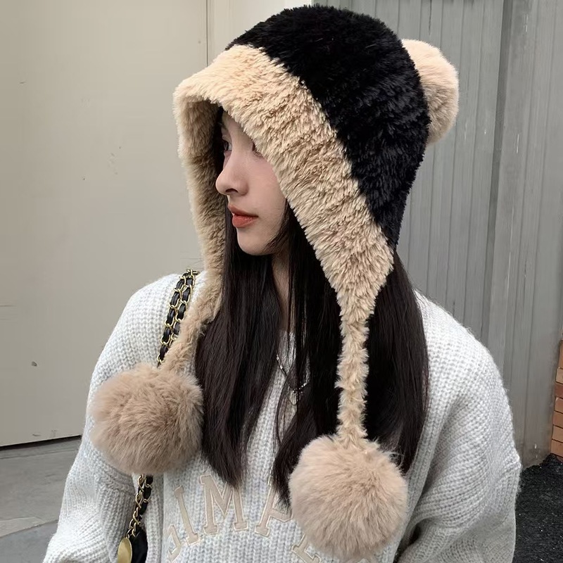 冬季针织帽毛绒防寒帽大头围毛绒挂球可爱护耳帽子女遮耳加绒拼色|undefined