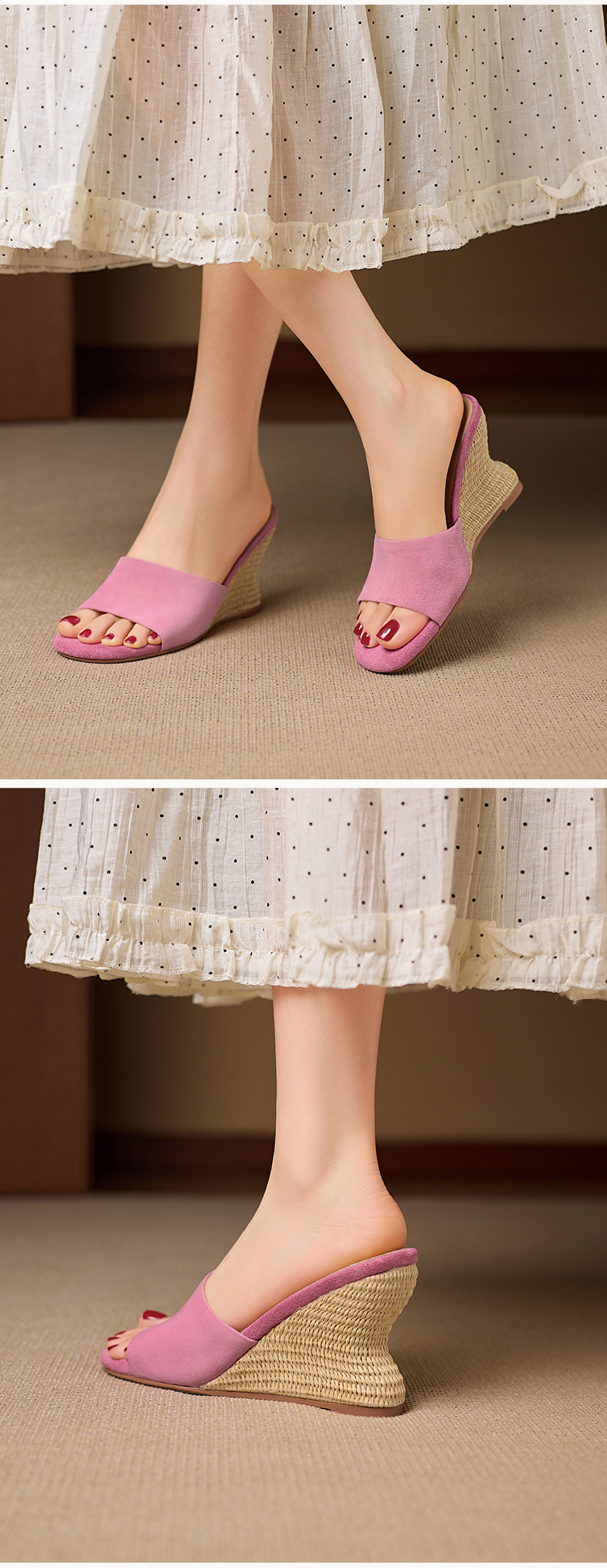Dép sandal nữ quai ngang gót xuồng cao 9 cm, mũi hở, chất liệu da lộn giả cừu — Hồng, Màu hạnh- chi tiết 5