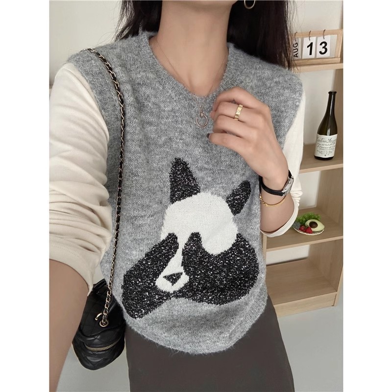 グレーのヘビーデューティスパンコールパンダニットベスト女性のための早春の新しいユニークなチョッキベストレイヤードハイエンドベスト|undefined