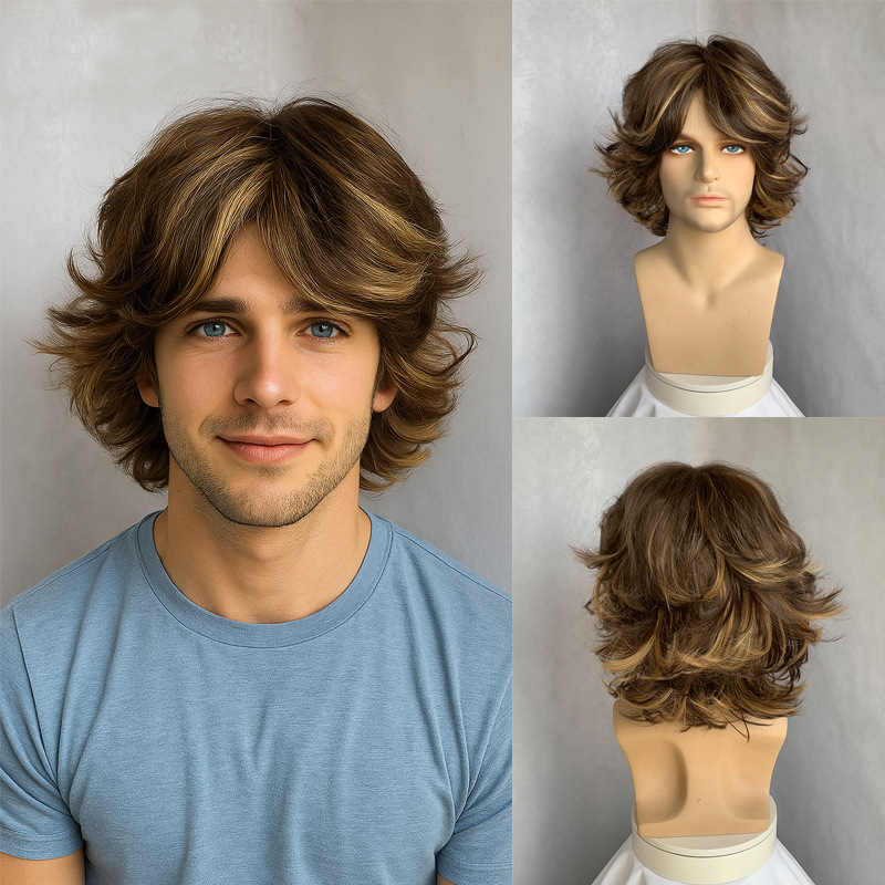 Amazon European and American Men's Fashion Short Curly Hair Highlighted Brown High Temperature Silk Rock Hip-Hop Wig Headgear Wholesale