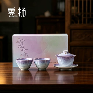 窑变结晶釉花口功夫茶具三才盖碗套装陶瓷泡茶碗茶杯礼盒装伴手礼