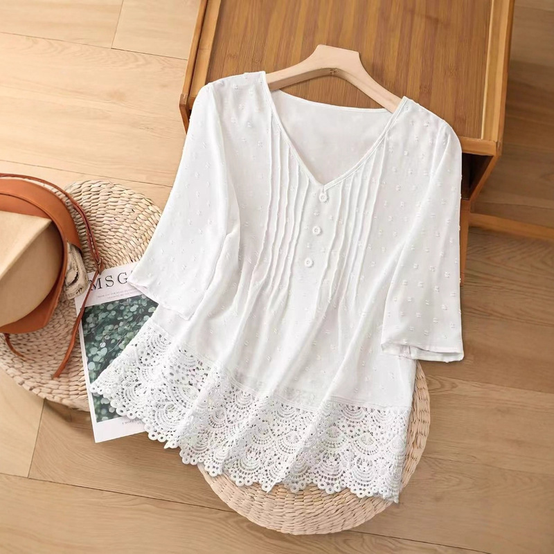 European and American Cross-Border Women's Spring and Summer Pure Color V-Neck 3/4 Sleeve Lace Hem Casual Shirt