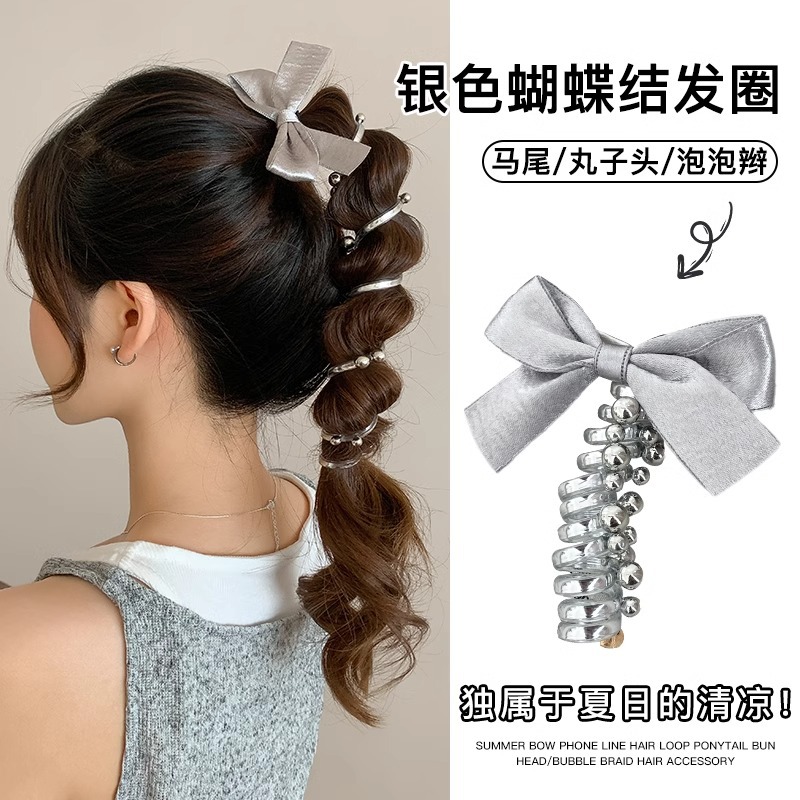 Línea telefónica de burbuja trenzada cabello de arco de plata anillo de cabello 2025 nuevo artefacto de cabello trenzado cabello de cola de caballo