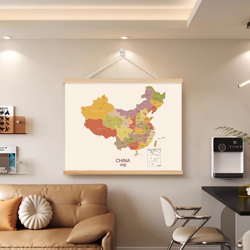 China Map Living Room Decoration Painting Hanging Rope Mural Log Style Entrance Hanging Painting Study Hanging Scroll Painting Bedroom Wall Painting