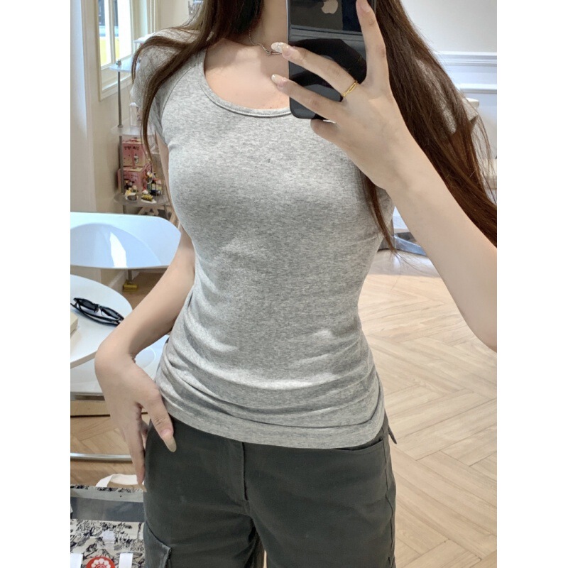 QQ Sugar Same Style Shoulder Short Sleeve U-Neck T-Shirt Women's Summer New Pure Cotton Slim-Fit Low Round Neck Basic All-Match Top