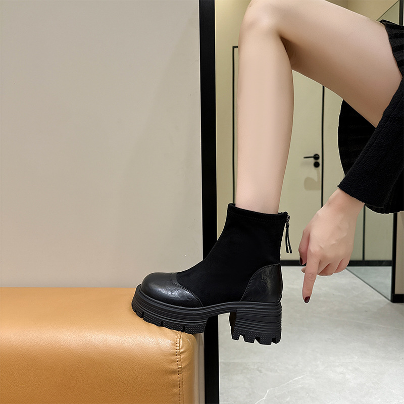 厚底真皮短靴女2025秋冬弹力后拉链瘦瘦靴女英伦风增高复古马丁靴|undefined