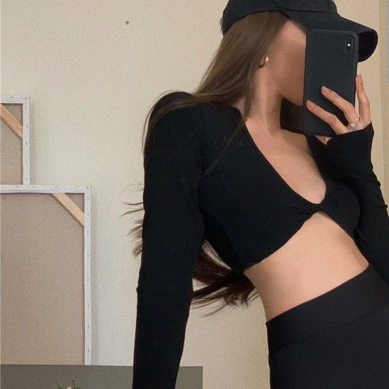 Ins Tight Sexy Short Navel-exposed Long-sleeved T-shirt Women's Black Inner Base Clavicle Low-cut V-neck Top