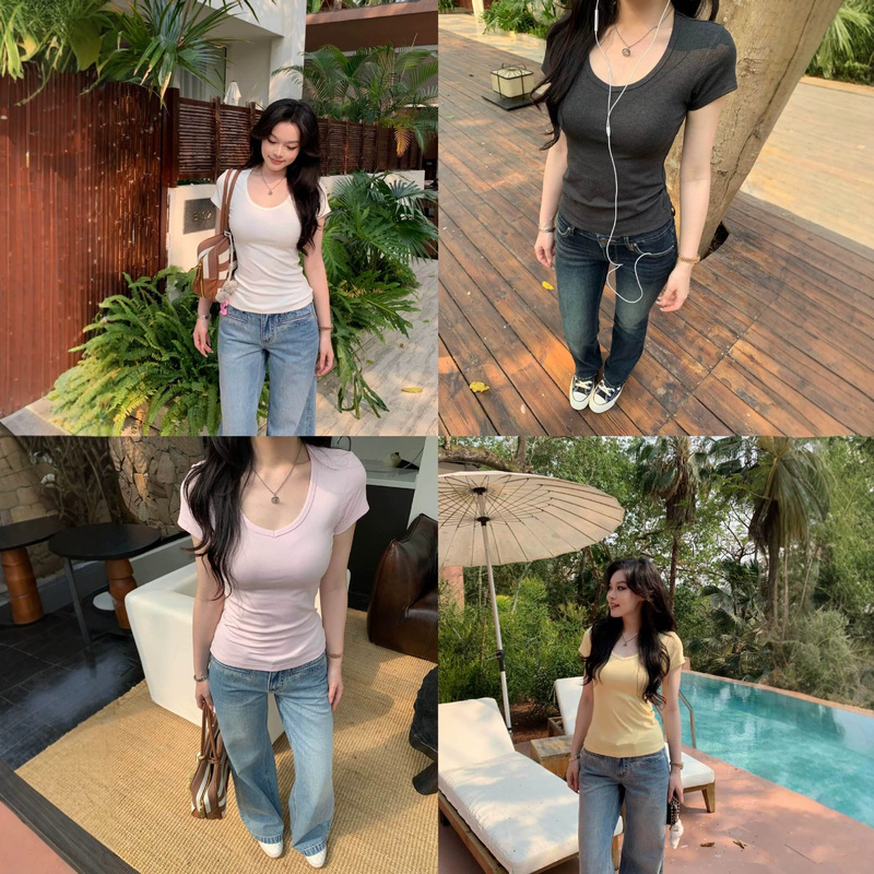 Popchee|Fufu Short Sleeves|Slim Fit but Not Tight-Fitting~A Versatile Summer Essential! Soft and Smooth to the Touch Popchee|Fufu Short Sleeves|Slim Fit but Not Tight-Fitting~A Versatile Summer Essential! Soft and Smooth to the Touch