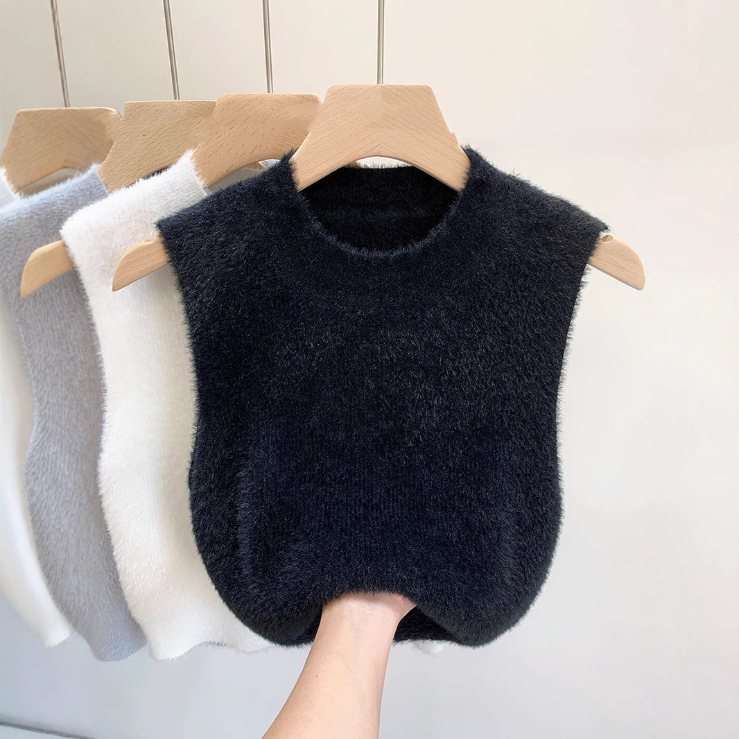 秋冬甜辣泫雅风水貂毛显瘦别致小背心毛衣女外穿短款打底无袖上衣