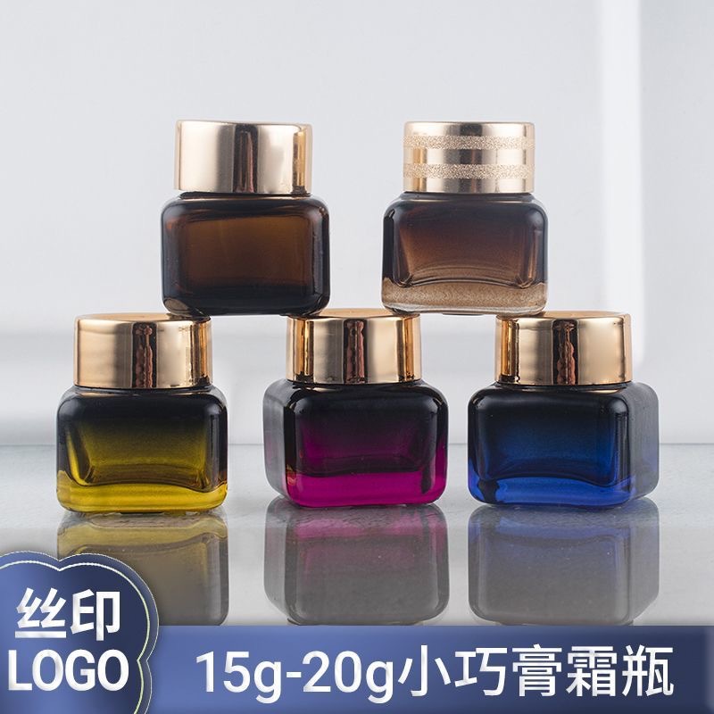 En stock suministro 15g Yashi mismo estilo marrón/transparente cuadrado ojo crema botella de vidrio de fondo grueso botella de vidrio cosméticos sub-embalaje