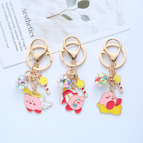 Cartoon Kirby keychain chain anime expression girl heart magic wand metal pendant creative bag pendant