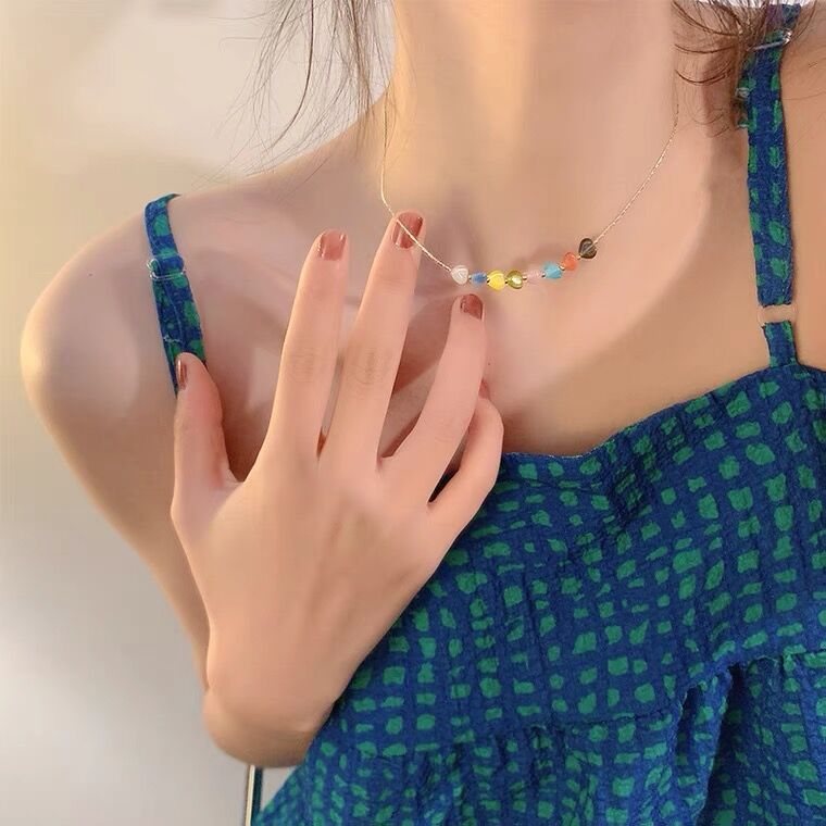 七彩猫眼石桃心串珠项链手链锁骨链ins潮设计感2022年新爆款配饰