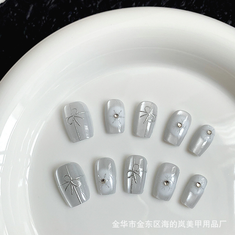 Hand-Wearing Armor Cat's Eye Light Color Fairy Bow Flash Short Square Gentle Elegant Christmas Winter Nail Piece