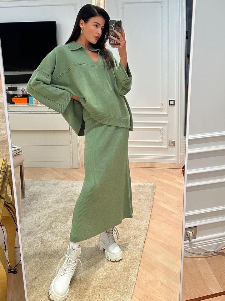 Bộ đôi áo len dệt kim cổ V tay dài phối chân váy, áo dài 50–65 cm — Màu camel, Màu trắng, Màu xám, Màu đen chi tiết 35