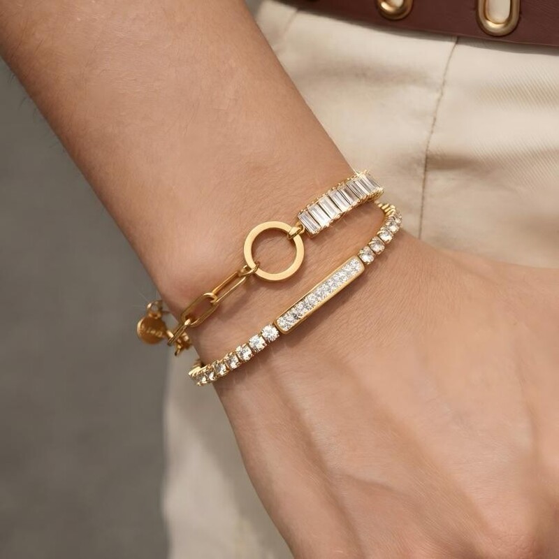Titanium steel bracelet vacuum-plated with 18K gold, inlaid with 3mm zircon tennis chain, light luxury cross-border foreign trade in-stock wholesale jewelry