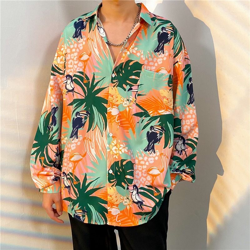 One-piece dropshipping cross-border autumn long-sleeved floral shirt for men, ins style, cool and stylish, Hong Kong retro shirt, high-end feel, loose fit.