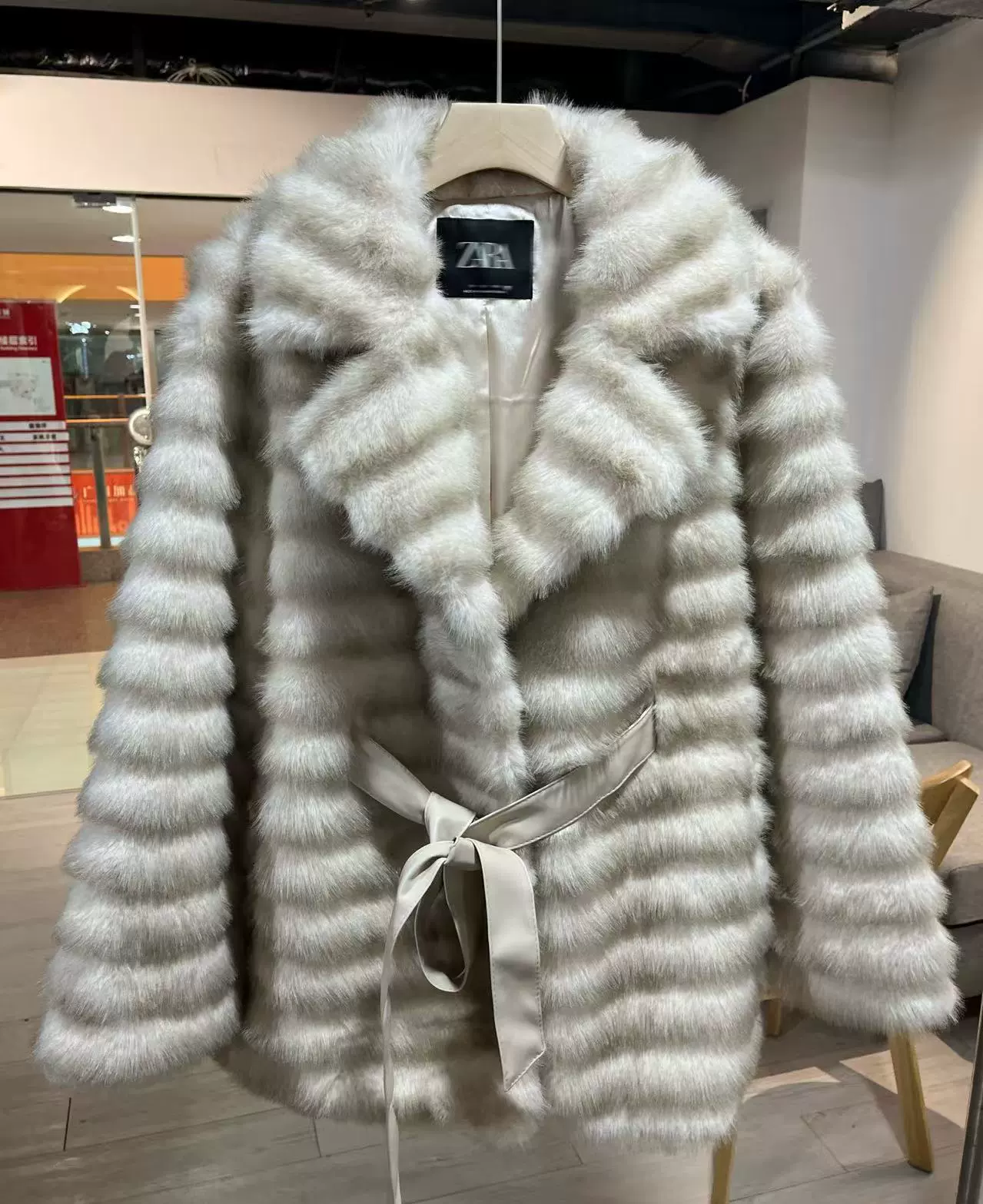 Faux‑mink integrated fur coat, mid‑length with collar, eco‑friendly design