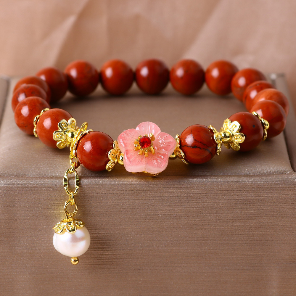Pulsera de jade rojo natural de 8 mm de anillo único flor de melocotón imitación de perla pulsera de bordilla de estilo chino viento rojo auspicioso buena suerte