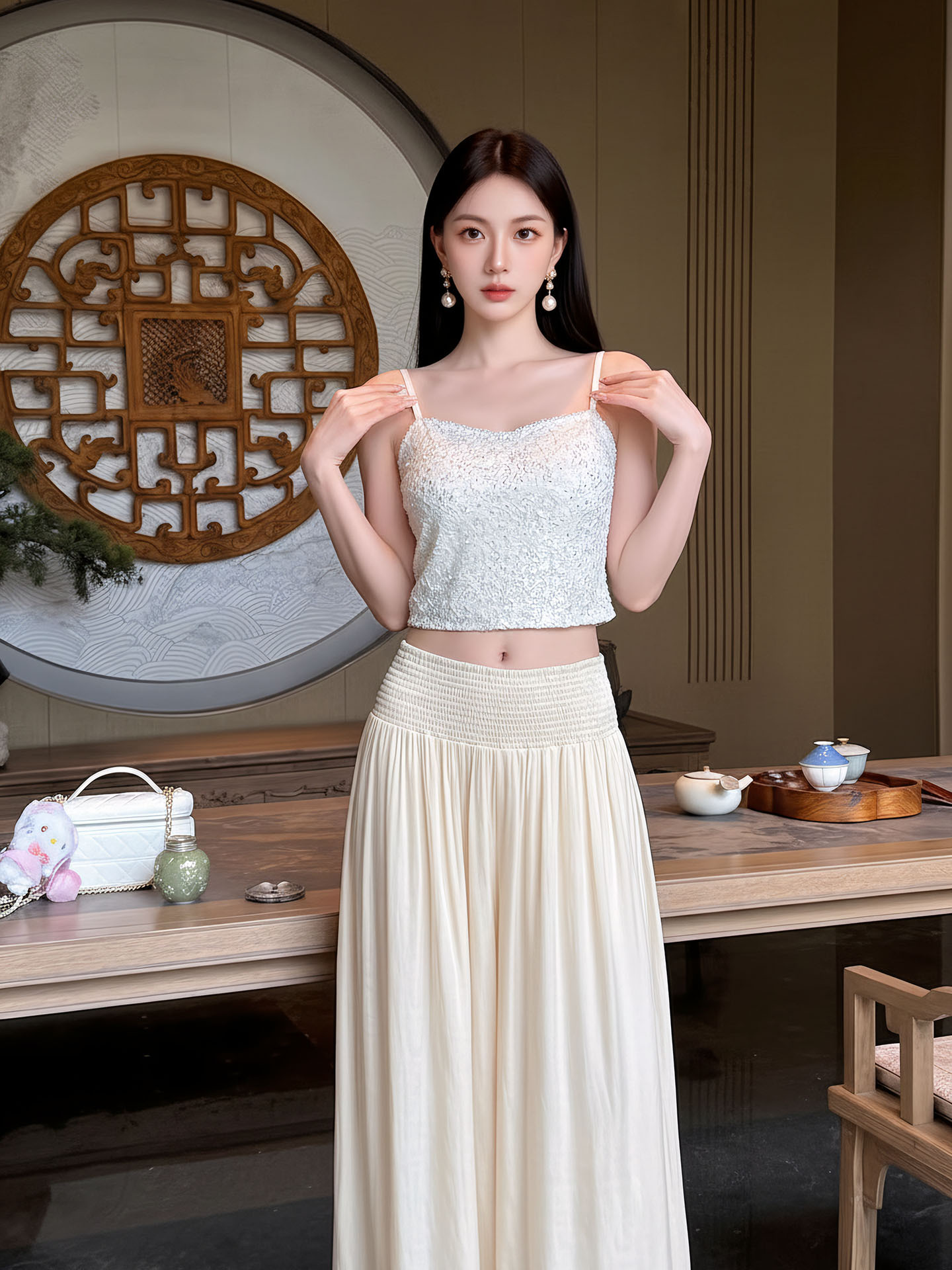Bộ đầm maxi thắt eo phong cách quốc phong cao cấp — Gạo trắng Sling, bộ đồ, Quần dài màu hạnh