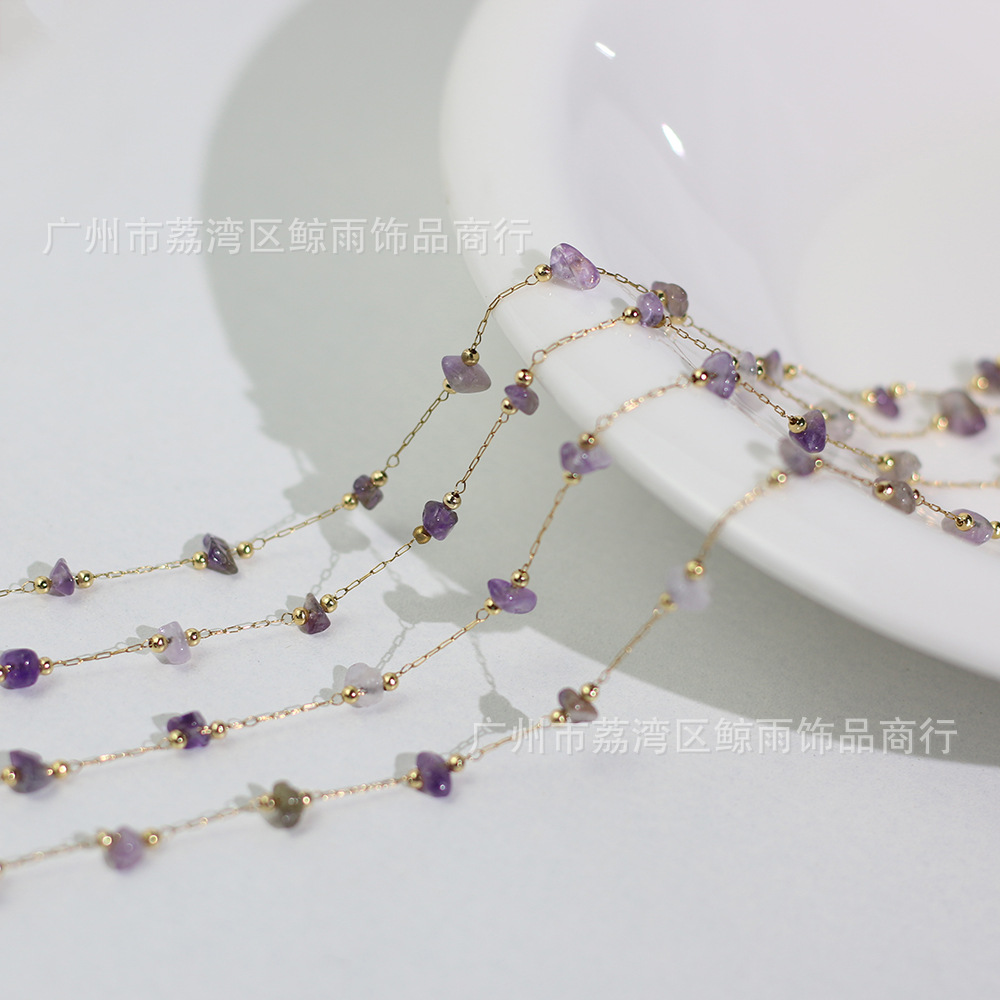 Xl092 Amethyst Irregular Golden Balls Gravel Crystal Necklace Short Chain Titanium Steel Plated 18k Gold Color Protection Live Broadcast display picture 2