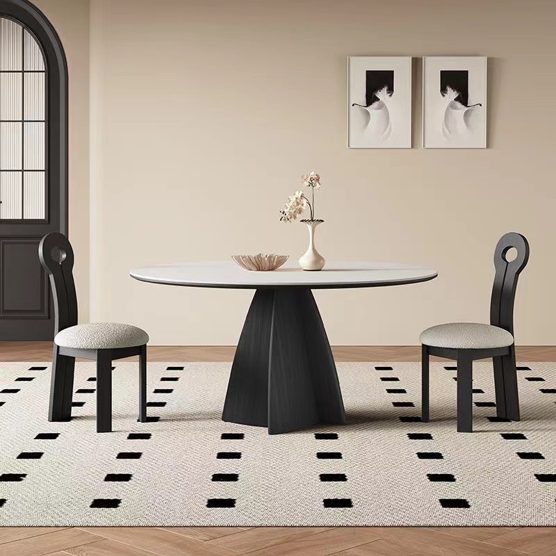 Mesa de comedor de madera maciza francesa doméstica negra minimalista redonda con mesa giratoria italiana moderna simple blanco puro retro tablero de roca redonda