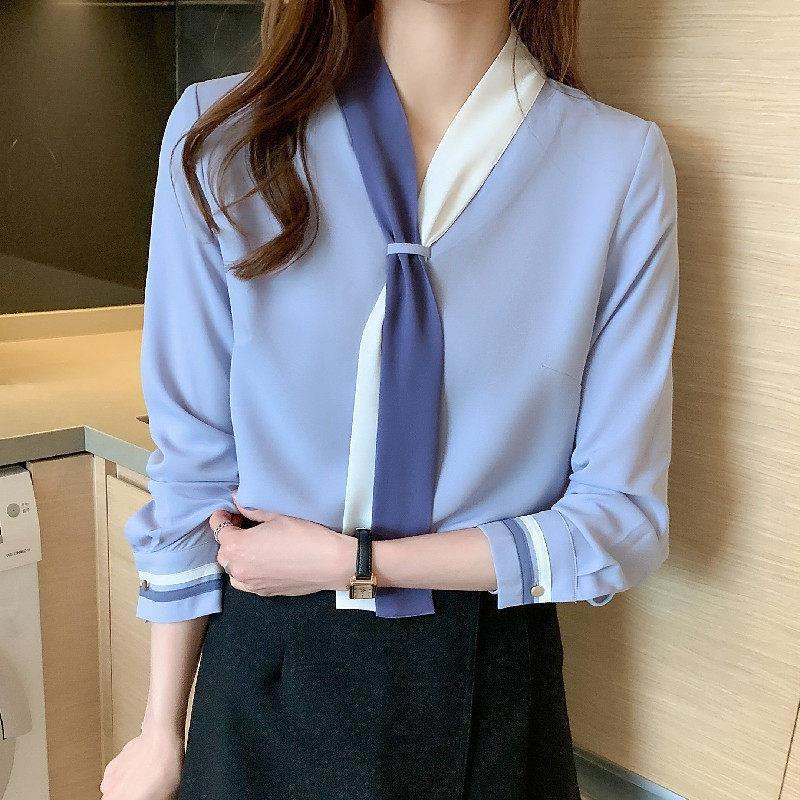 2024 shirt Women's Spring and Autumn retro design suit collar lace-up chiffon long sleeve Western style bottoming shirt top