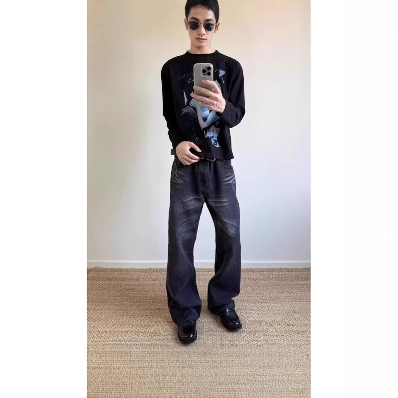Vintage Washed Whiskered Combat Black Loose-Fit Jeans for Men, Spring A-Line Style, Distressed Vintage Straight-Leg Pants Vintage Washed Whiskered Combat Black Loose-Fit Jeans for Men, Spring A-Line Style, Distressed Vintage Straight-Leg Pants