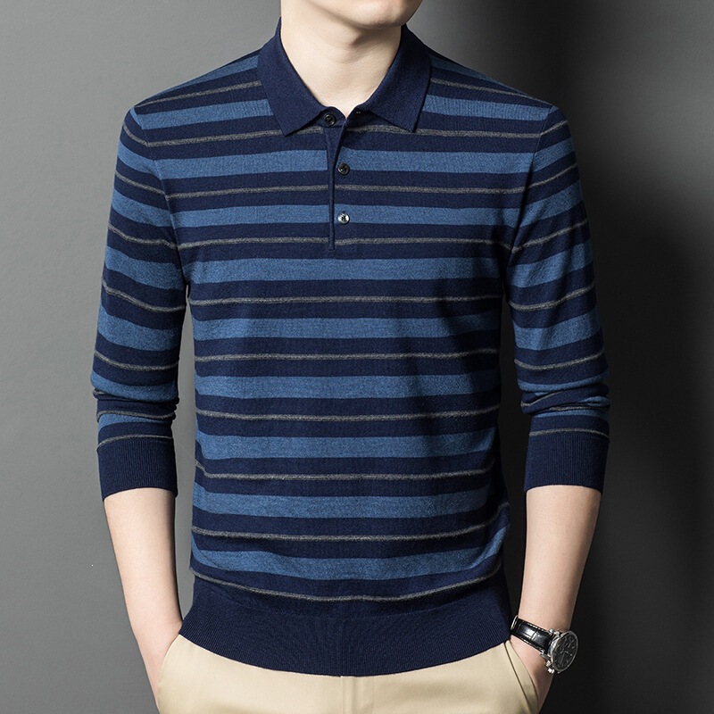 Autumn and winter wool sweater for men, long-sleeved T-shirt, striped turn-down collar polo shirt, middle-aged dad's sweater, fine-knit cashmere sweater Autumn and winter wool sweater for men, long-sleeved T-shirt, striped turn-down collar polo shirt, middle-aged dad's sweater, fine-knit cashmere sweater