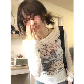 美式白色长袖恤女春季新款涂鸦字母荡领连帽外穿百搭上衣潮无袖