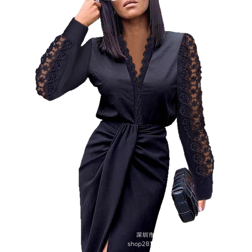 2021 estación independiente deseo Amazon popular Otoño e Invierno cuello en V de encaje de manga larga cadera apretado vestido de cintura ropa de mujer