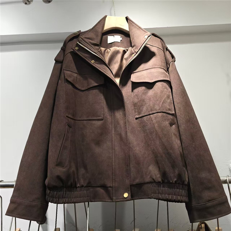 Europa y América de moda chaqueta de piel de ciervo mujer 2026 primavera y otoño nuevo estilo de alta sensación casual chaqueta corta suelta