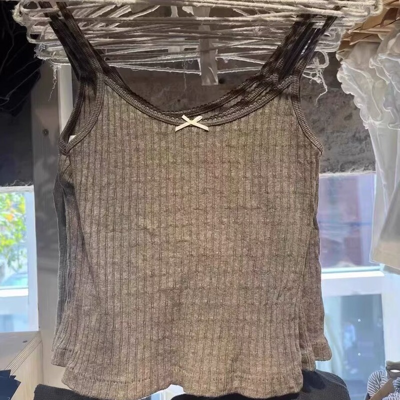 bm Style American New Light Brown Thread Vertical Stripesd Bow Camisole bm Lace Edge Slim Top for Women bm Style American New Light Brown Thread Vertical Stripesd Bow Camisole bm Lace Edge Slim Top for Women
