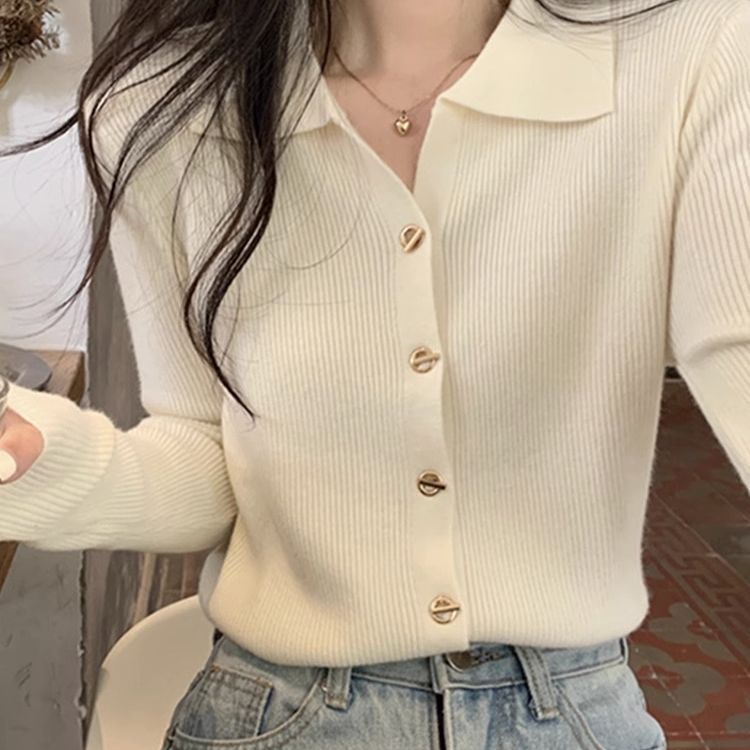 Polo Collar Design Knitted Cardigan Women's Autumn and Winter 2024 New Long-sleeved Solid Color Slim-fit Slimming All-match Top Explosion