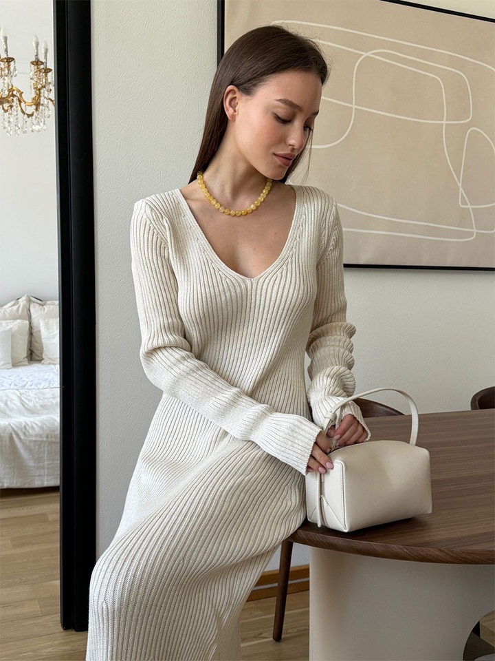 Đầm liền dài tay dệt kim cổ chữ V ôm mông dáng dài — Màu cà phê, Màu mơ, Màu nâu, Màu đen