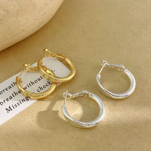Copper plated real gold classic European and American frosted geometric hoop earrings women's new minimalist high-end sense ear buckle all-match earrings