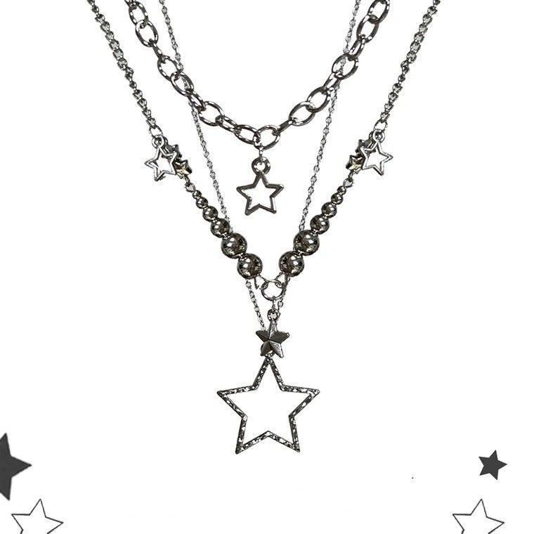 Star Track Chain Retro Hot Girl Style Choker Pendant Necklace Set Niche Pendant Three-Layer Metal Clavicle Chain