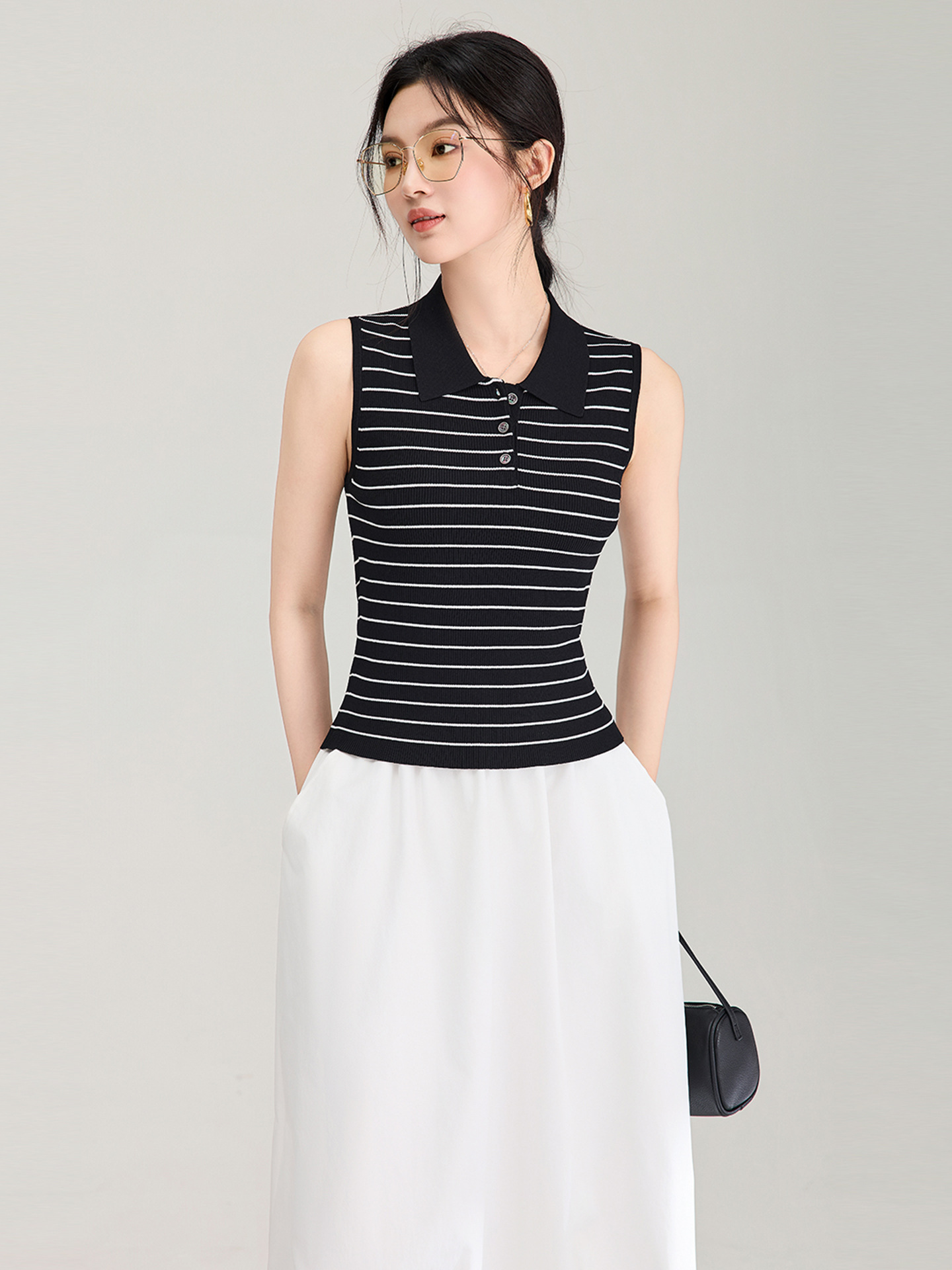 Áo vest dệt kim sợi tơ tằm cổ tròn tay ngắn mùa hè — màu đen